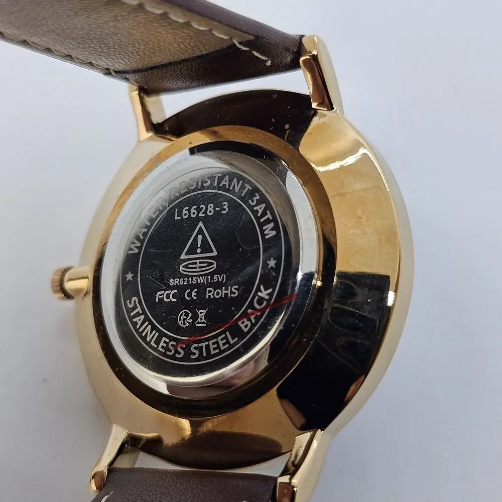 Men's Watch 40MM Gold Case Blue Dial Brown Leather Band‎ Straps Date Indicator